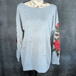 Light Gray Distressed Sweatshirt with Rose Sleeve Embroidery